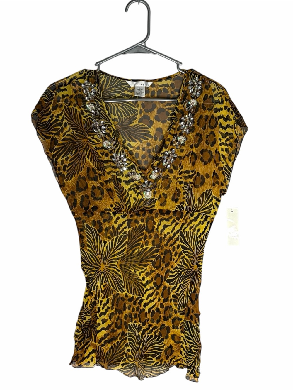 100% Silk Beaded V-Neck Animal Print Women’s Top Deadstock Y2k Euro Style